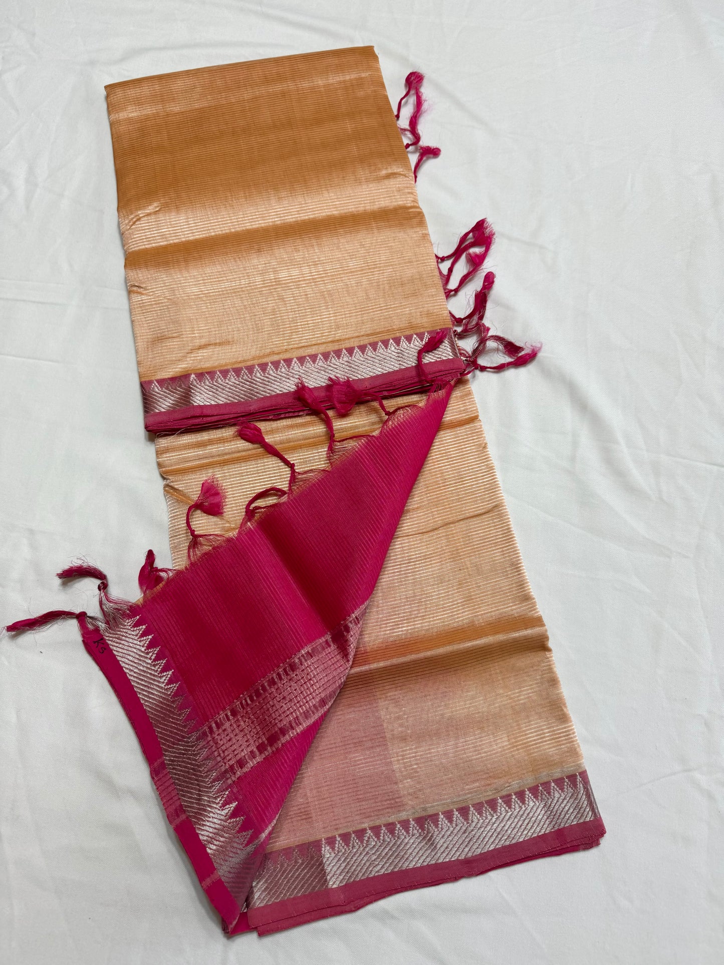 Pure Handloom Mangalagiri Semi pattu by cotton saree with 50/50 K gold border