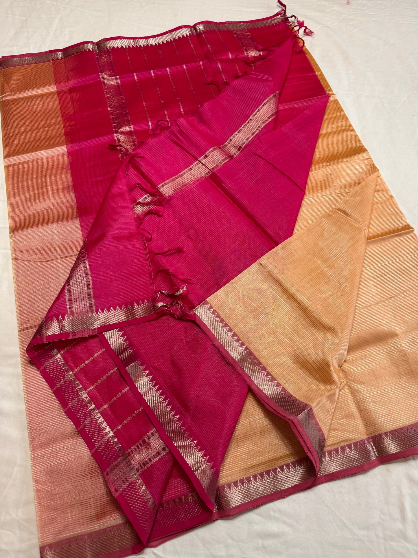 Pure Handloom Mangalagiri Semi pattu by cotton saree with 50/50 K gold border