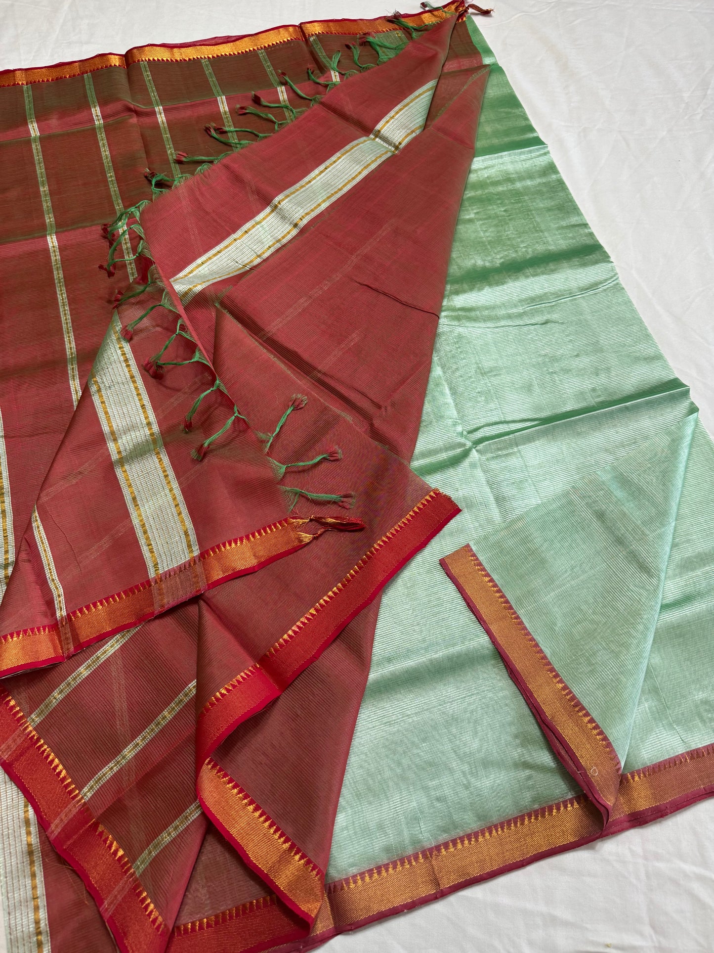 Pure Handloom Mangalagiri Semi pattu by cotton saree with 50/50 K gold border