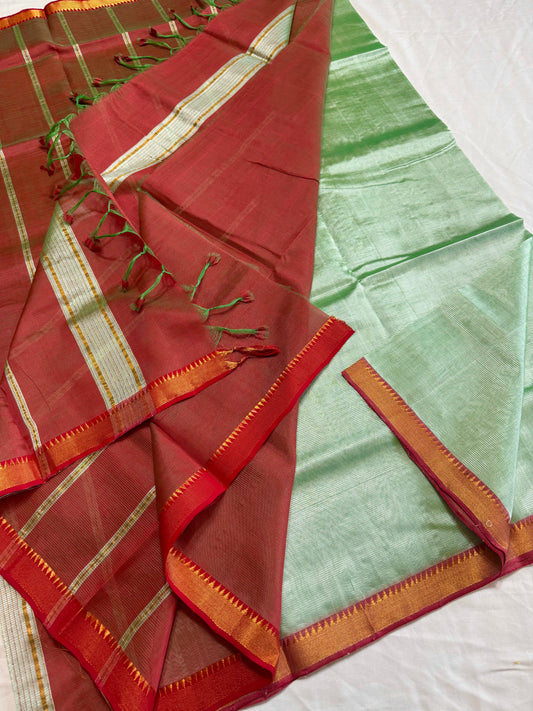 Pure Handloom Mangalagiri Semi pattu by cotton saree with 50/50 K gold border