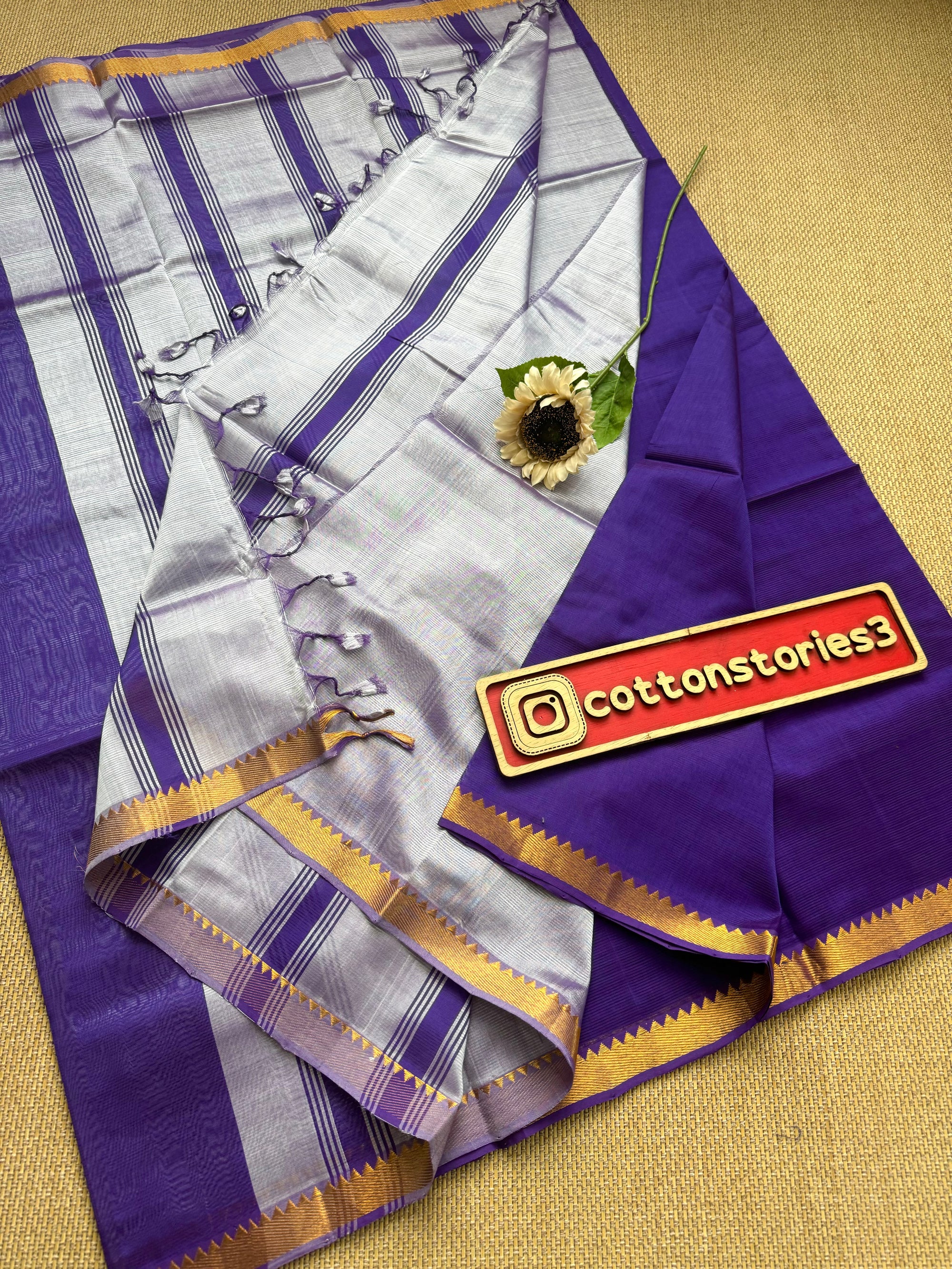 Pure Handloom Mangalagiri Semi Pattu  by cotton saree with 50/50 K gold border