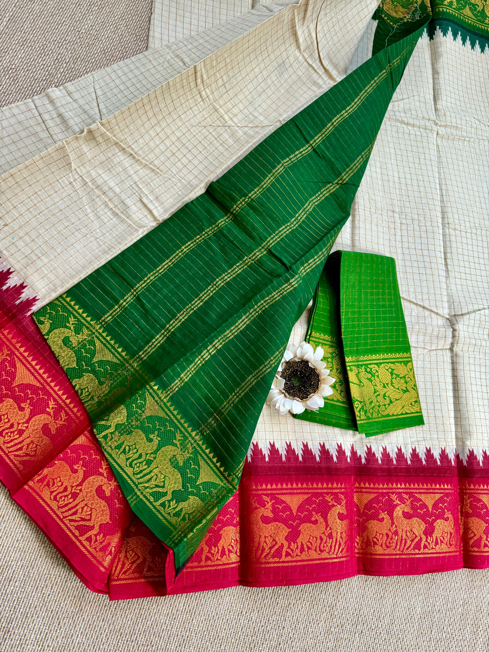 Traditional Ganga Jamuna Border :  Madurai Zari Kattam Saree