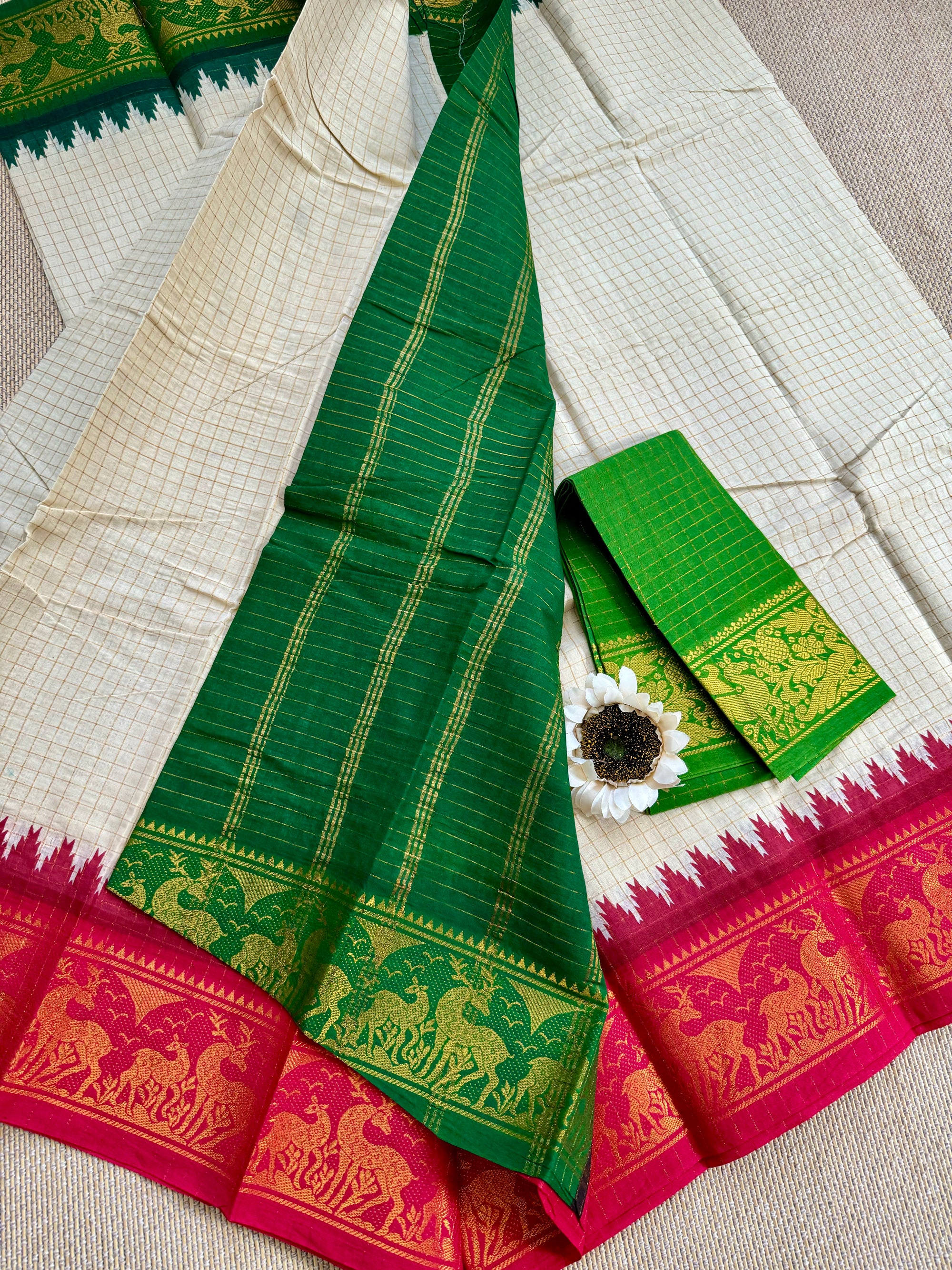 Traditional Ganga Jamuna Border :  Madurai Zari Kattam Saree