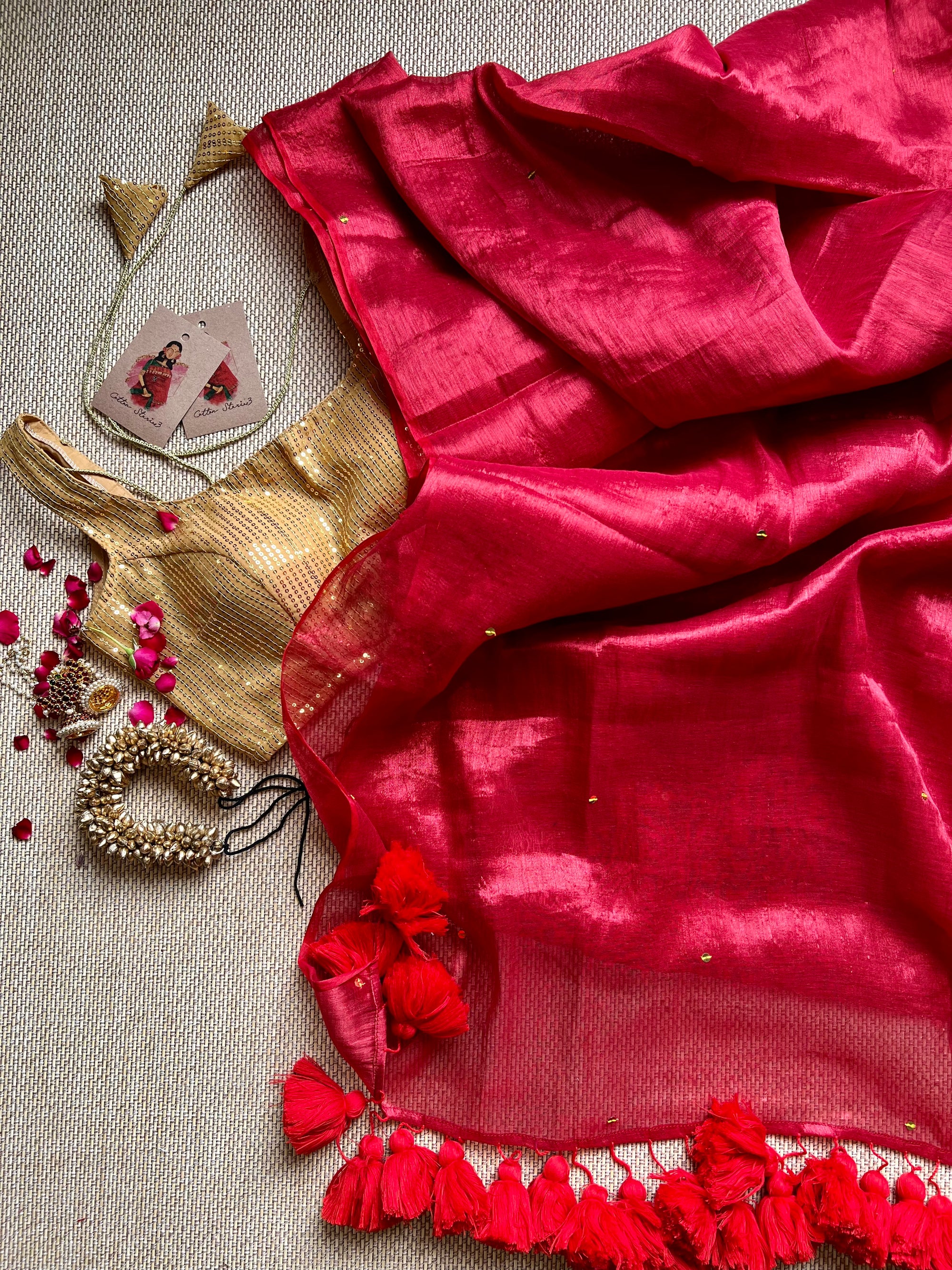 Raaga Minmini saree - Mul by Zari Tissue Saree with big Pom Pom