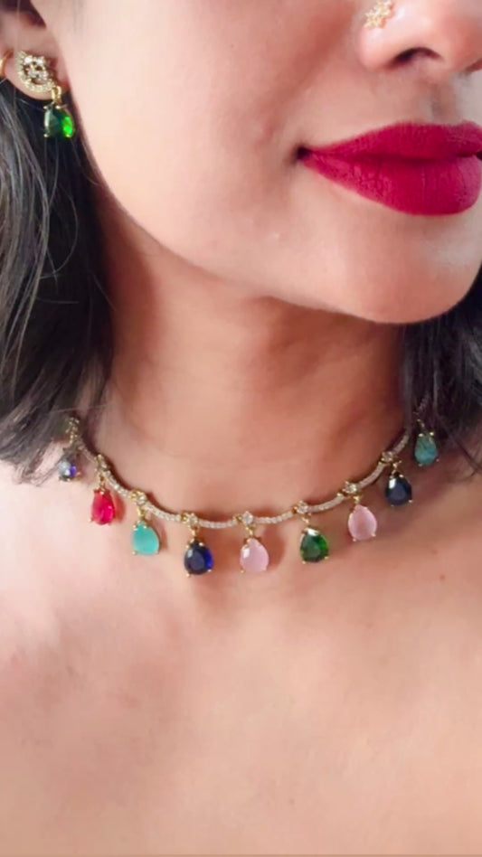 MULTICOLOUR - Hanging tear - Trending stylish and minimal elegant neckwear with earrings